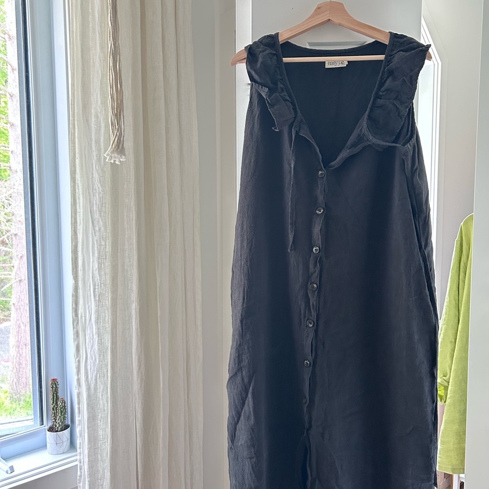 Black Linen Harly Jae Ruffle Collar Button-Front Dress